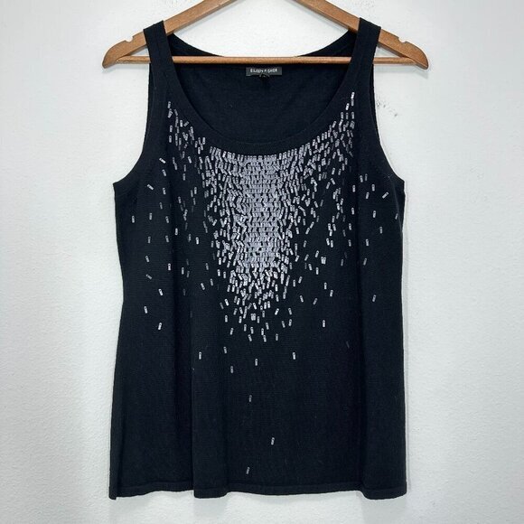 Eileen Fisher Tops - Eileen Fisher‎ Black Feathered Sequined Knit Tank 100% Merino Wool Women's Small